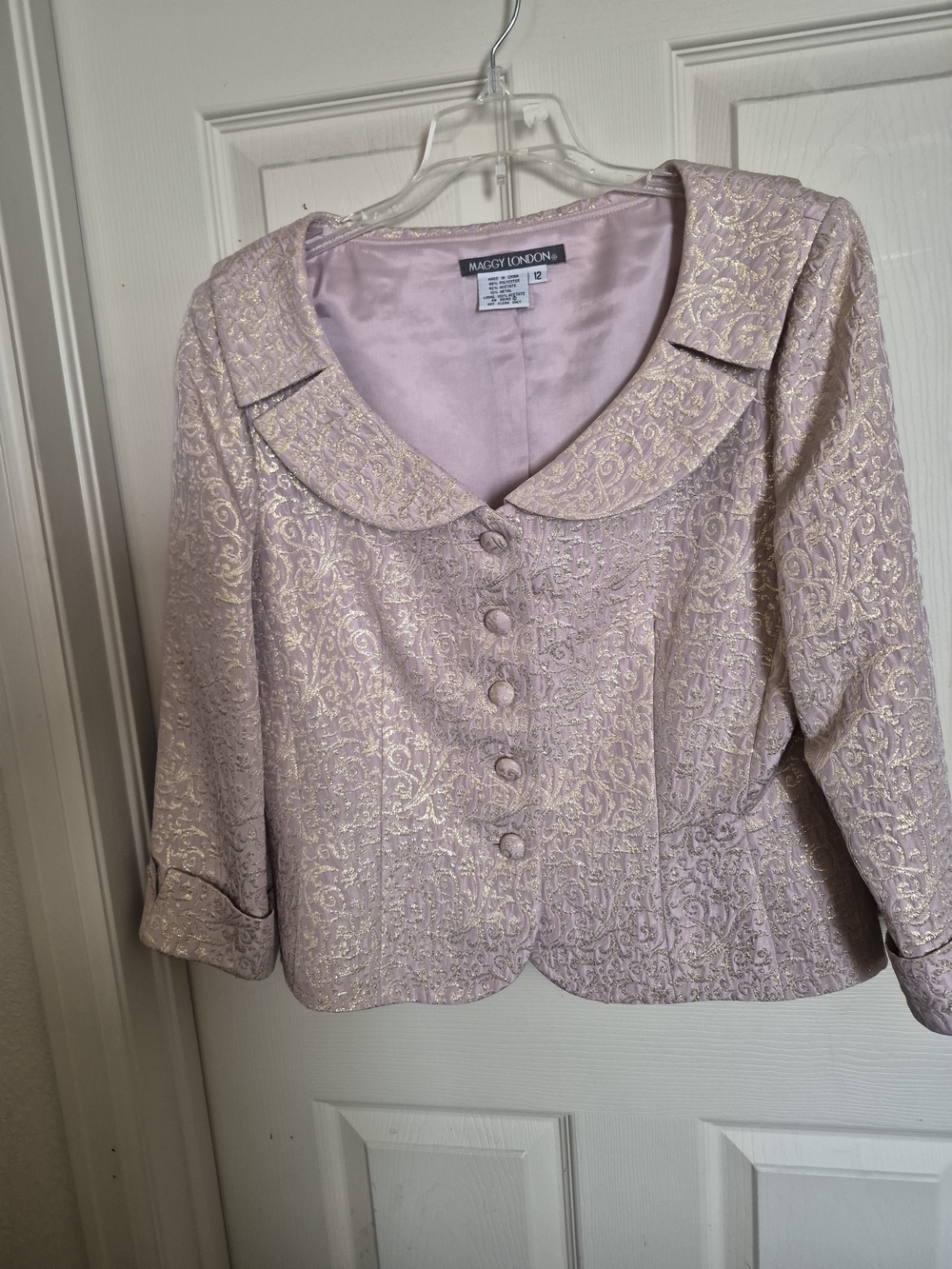 Size 12 Maggy London Pink Brocade Button-Front Crop Jacket And Skirt